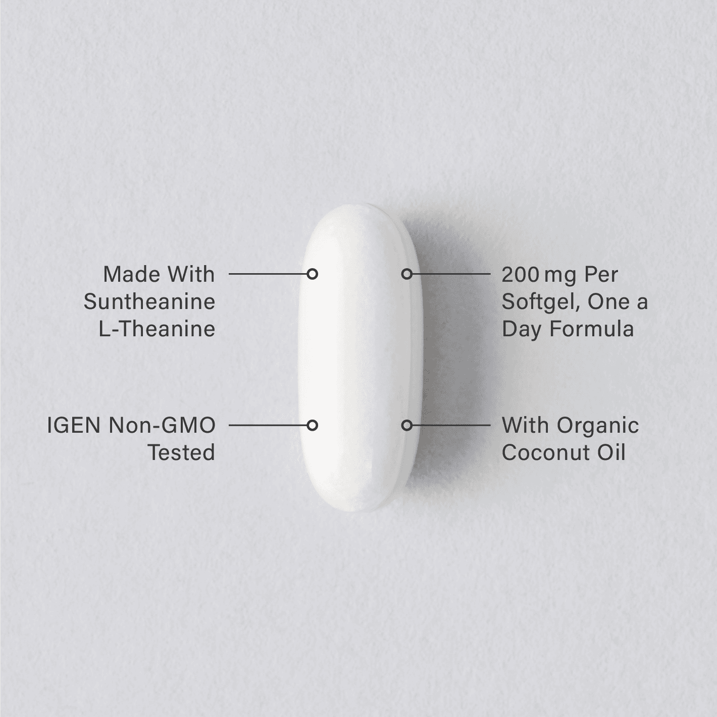 A single Sports Research  L-Theanine Suntheanine softgel infographic.