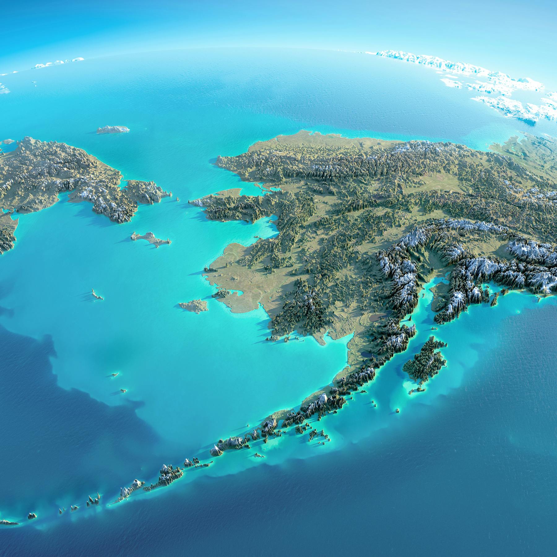 Aerial computerized render of the state of Alaska and the surrounding ocean.