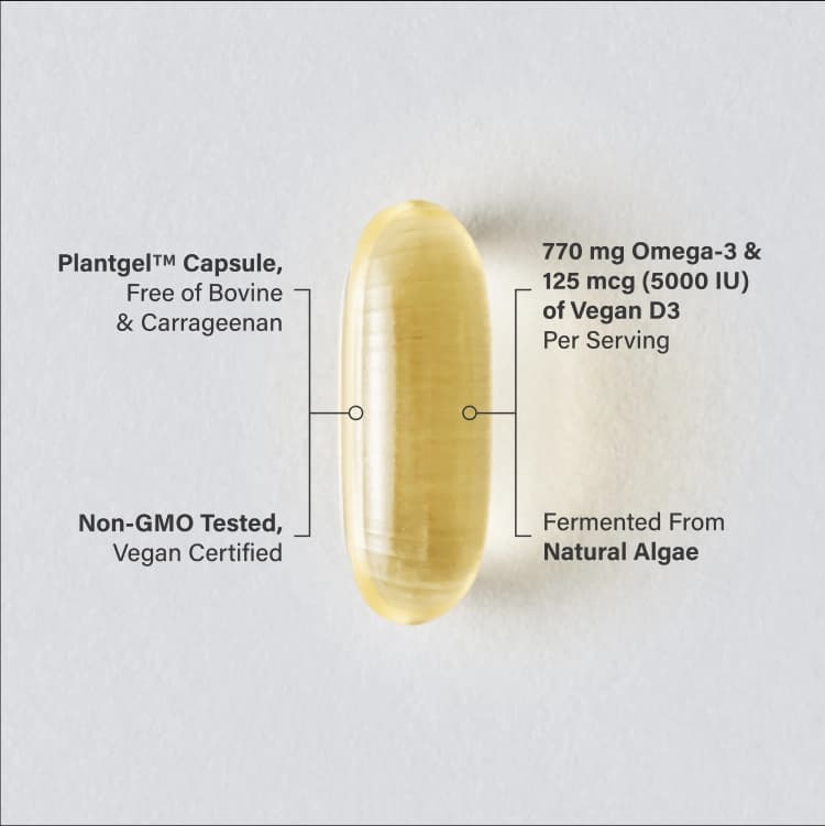 A single Sports Research Vegan Omega 3 + Vitamin D3 plantgel infographic.