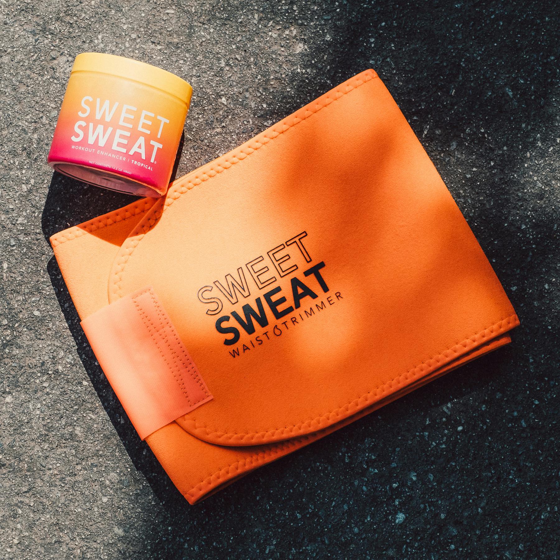 Sweet Sweat® Neon Series waist trimmer, next to a jar of Sweet Sweat® topical gel.