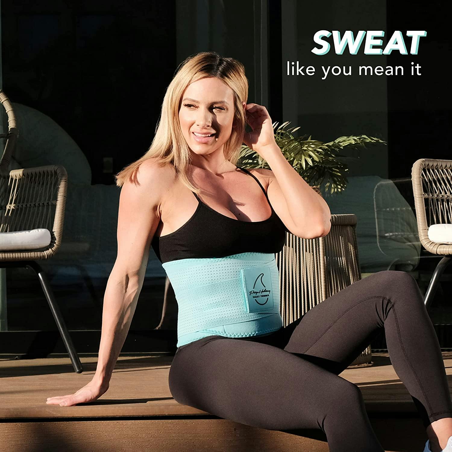 Paige Hathaway sitting down while wearing a Sweet Sweat® Paige Hathaway waist trimmer.