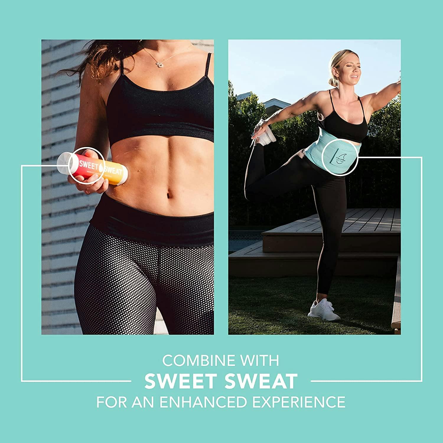 Two women, one applying Sweet Sweat® topical cream to her abdomen, and the second stretching while wearing a Sweet Sweat® Paige Hathaway waist trimmer.
