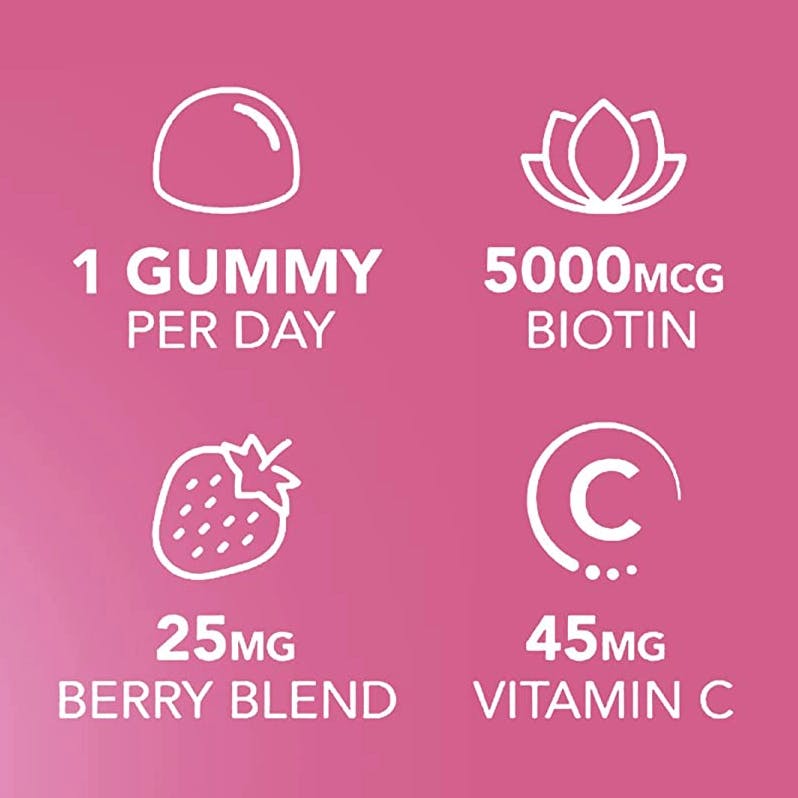1 gummy per day, 5000mcg biotin, 25mg berry blend, 45mg vitamin c