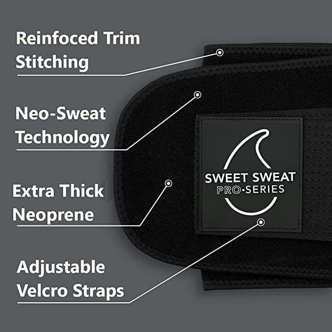 Sweet Sweat® Pro Series waist trimmer features info graphic.