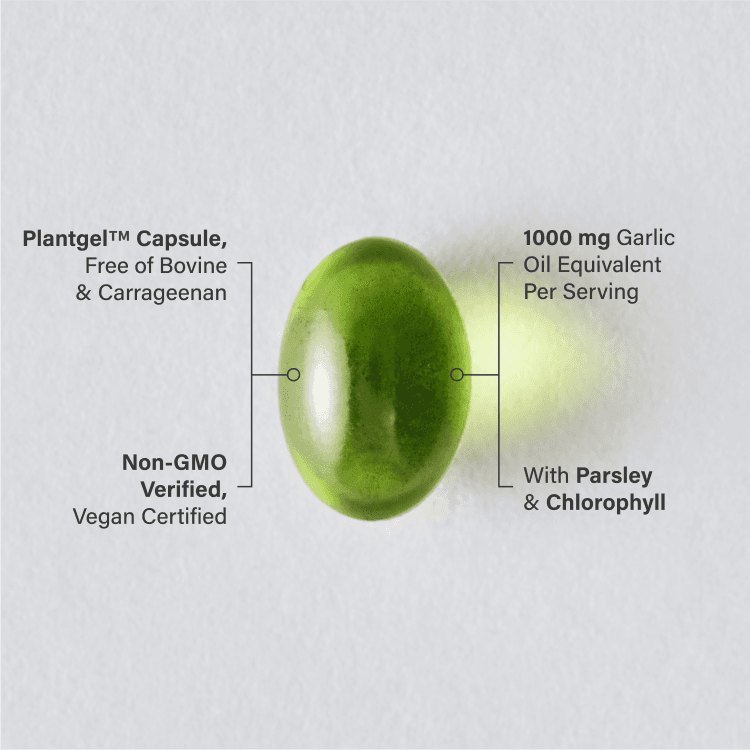 A single Sports Research Garlic with Parsley softgel infographic.